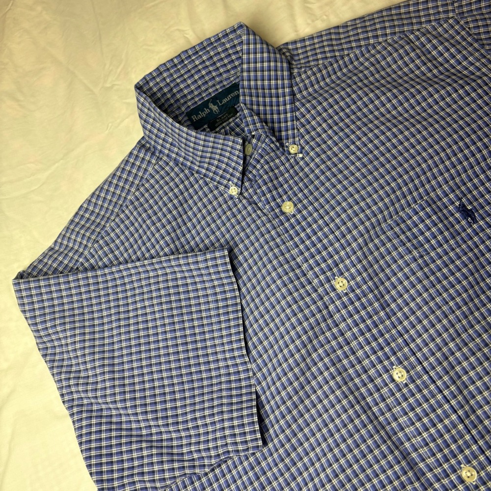Ralph‎ Lauren Blake Mens Medium Blue Plaid Short Sleeve Button Down Cotton Shirt